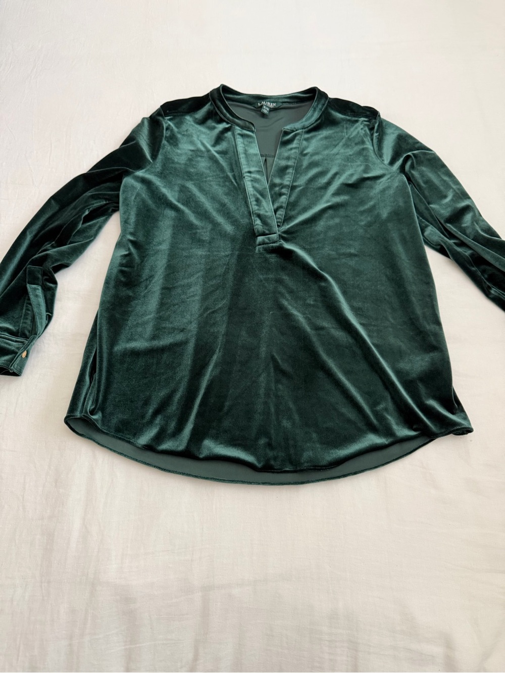 Lauren Ralph Lauren Emerald Velvet Split-Neck Long Sleeve Blouse